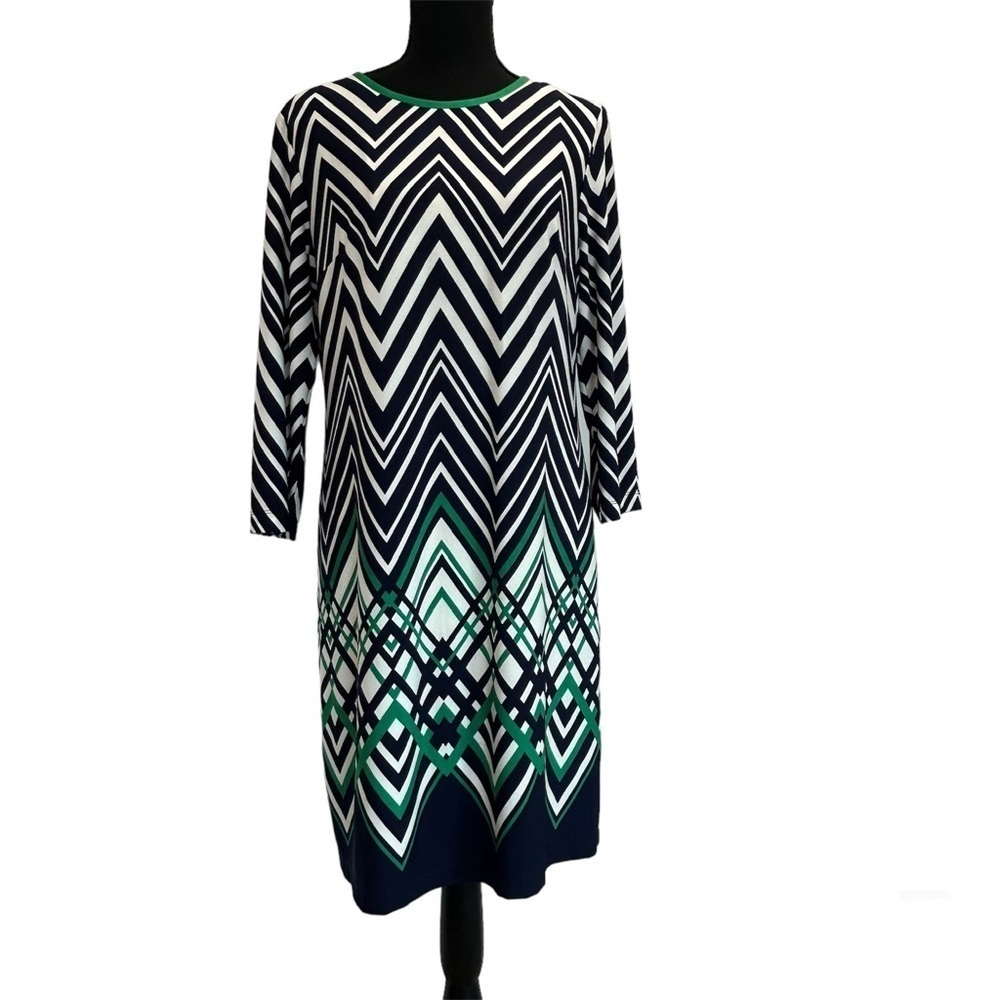ELIZA J navy blue white green geometric zigzag print shift dress Sz 12 NWOT